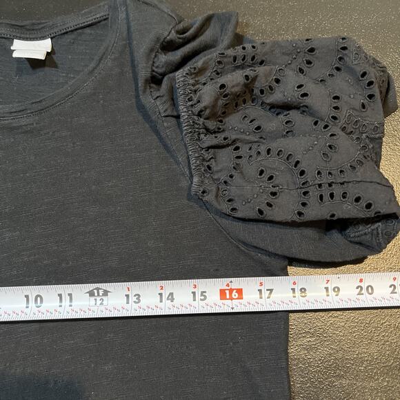 CHICO'S Tee Shirt Women's 1/Medium Black Laser Cut Eyelet 3/4 Sleeve Slub Cotton - Picture 7 of 9